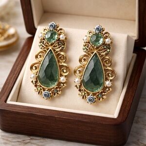 Gold-Tone Vintage Style Green Teardrop Statement Earrings